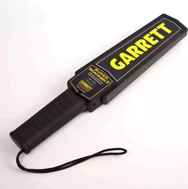 Imagen del Super Scanner®V, un detector de metales portátil con una indicación LED de tres colores y un interruptor de alimentación y eliminación de interferencias.